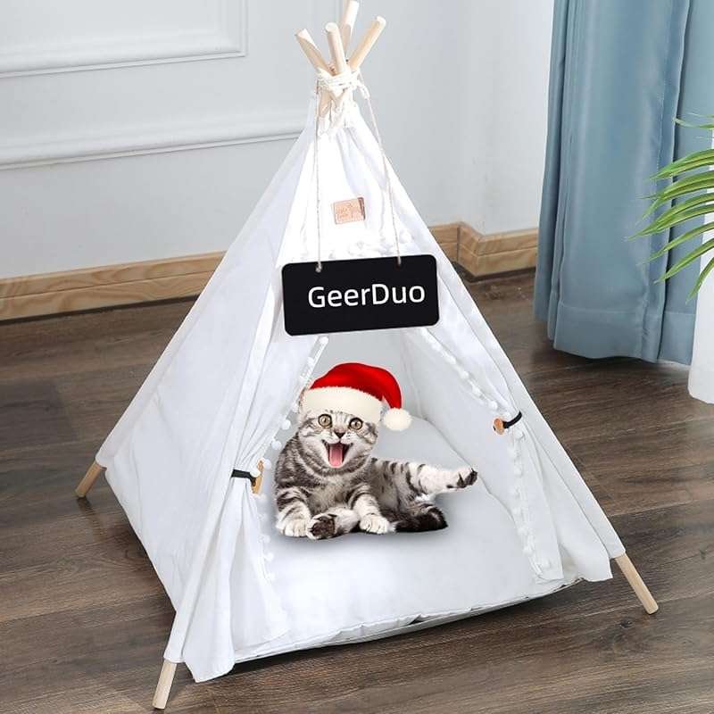 Portable White Pet Teepee Tent for Small Dogs & Cats with Washable Cus