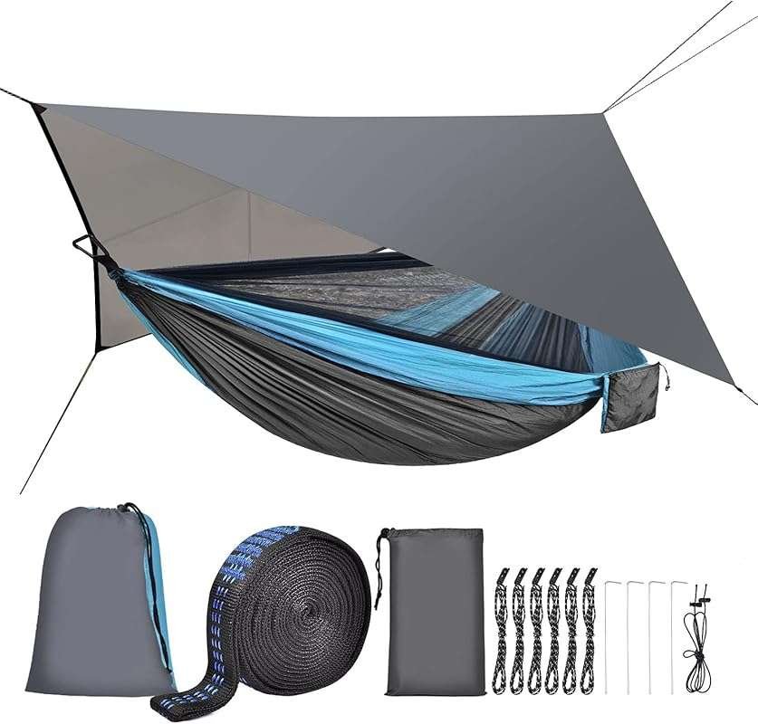 Camping Hammock Set: Nylon Parachute, Mosquito Net, Rainfly, Tree Stra