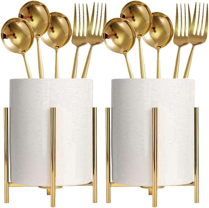 Ceramic Cutlery Holder with Metal Bracket: Sturdy white holder for cou