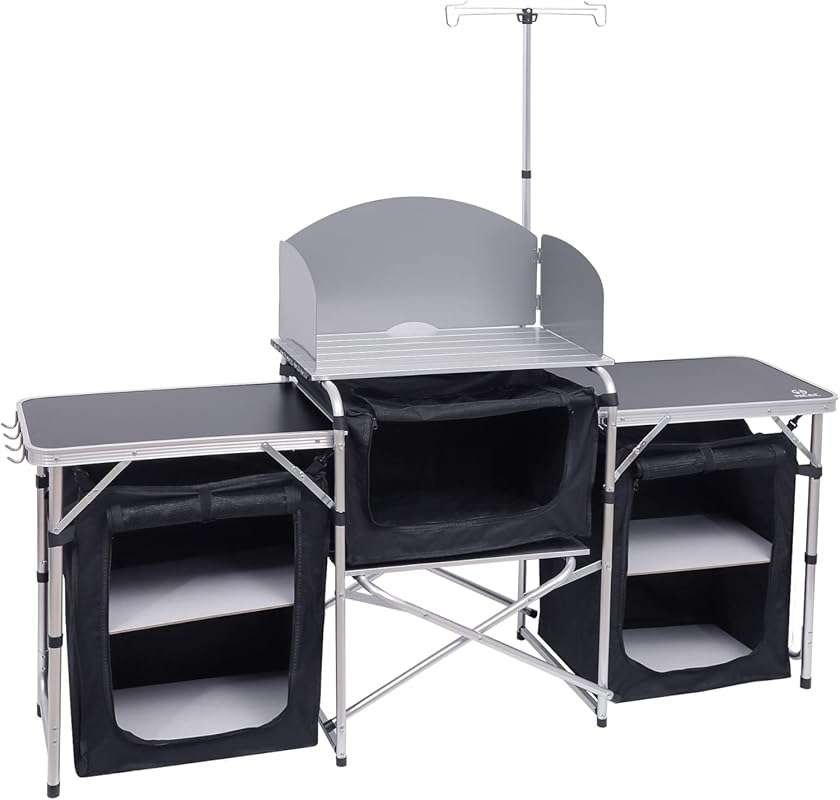Nice C Folding Camping Kitchen Table with Light Stand and Windshield