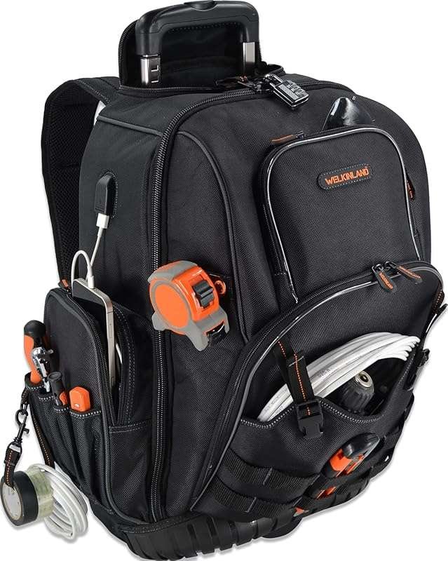 WELKINLAND 72-Pocket Rolling Tool Backpack: Large Wheeled Electrician