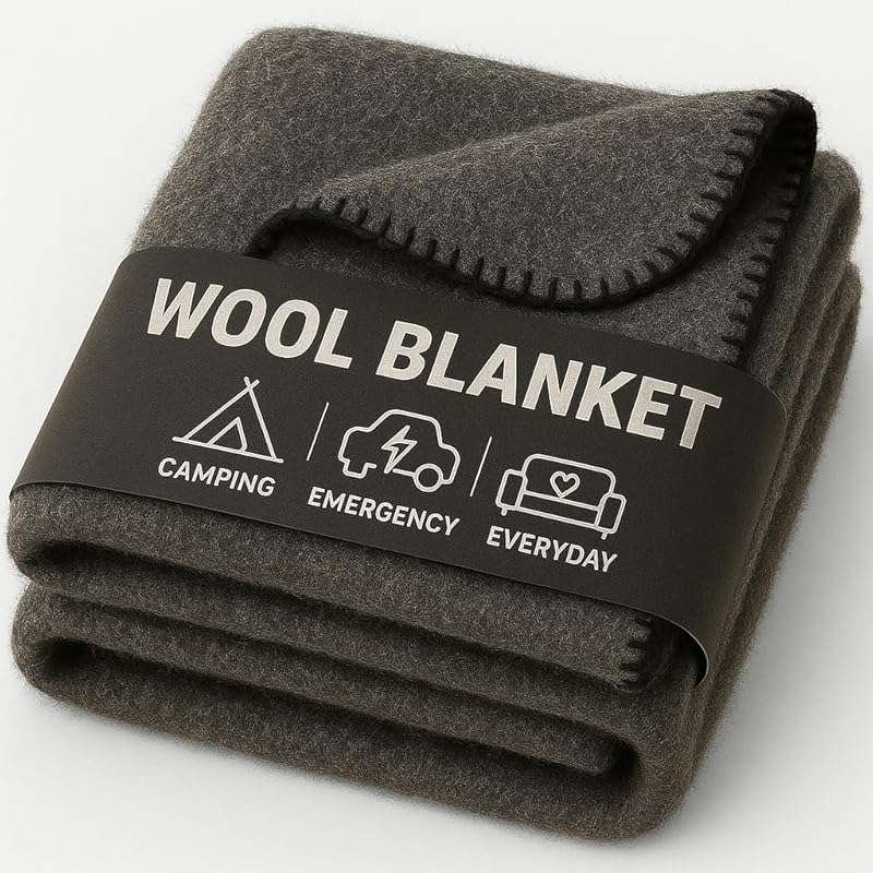 Heavy-Duty Wool Camping Blanket: 70% Wool, Fire Retardant, Warm, Washa