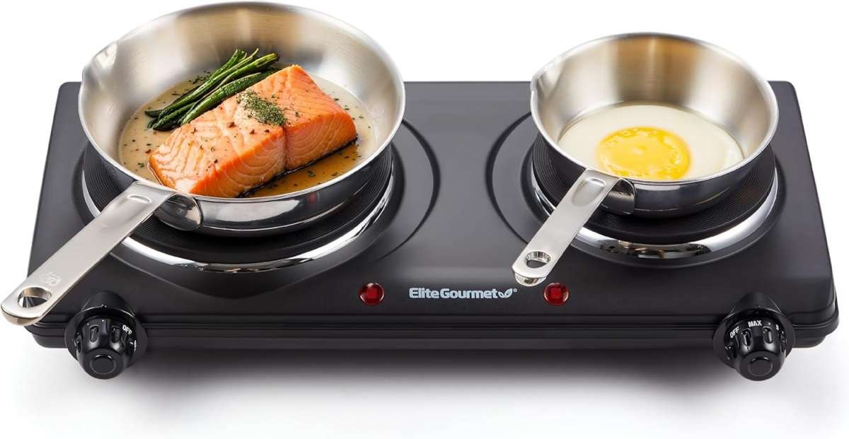 Elite Gourmet EDB-302BF# Double Cast Iron Burner Countertop Electric H