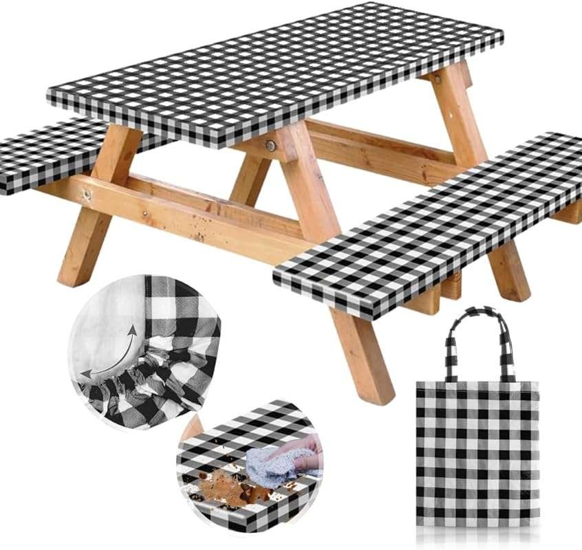 RNOONY Black 4-Piece Vinyl Fitted 6ft Picnic Table & Bench Covers. Wat