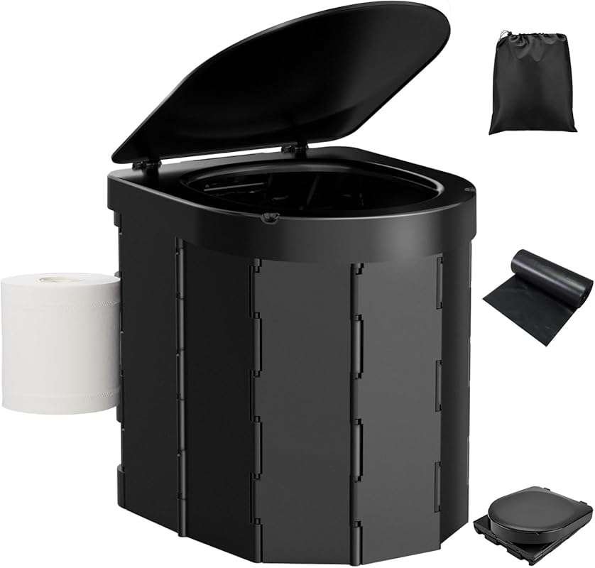 Folding Portable Camping Toilet for Adults with Lid and Retractable Ho