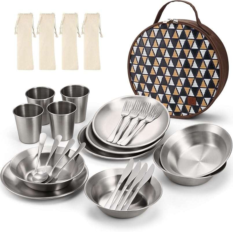 Odoland Stainless Steel Camping Mess Kit with Utensils and Bag for Out