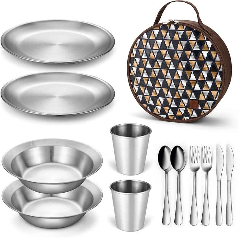 Odoland Stainless Steel Camping Mess Kit for 1-2 People: Utensils, Pla