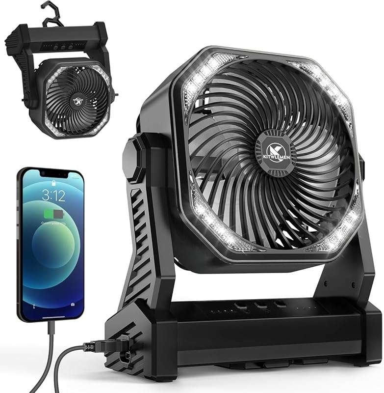KITWLEMEN 20,000mAh Rechargeable Camping Fan with Bright Light, Hangin