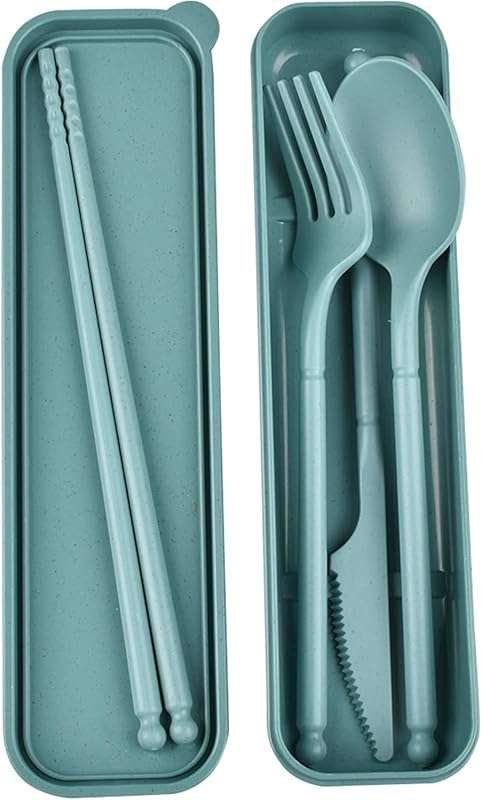 Portable Reusable Plastic Utensil Set with Case for Travel, Camping, P