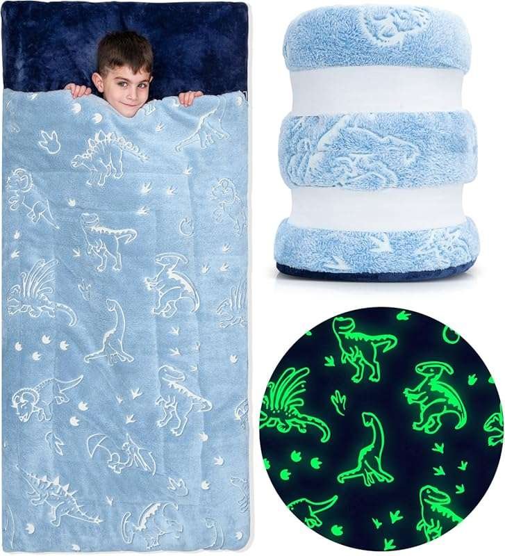 Glow in The Dark Kids Sleeping Bag with Pillow Pocket for Ages 3+