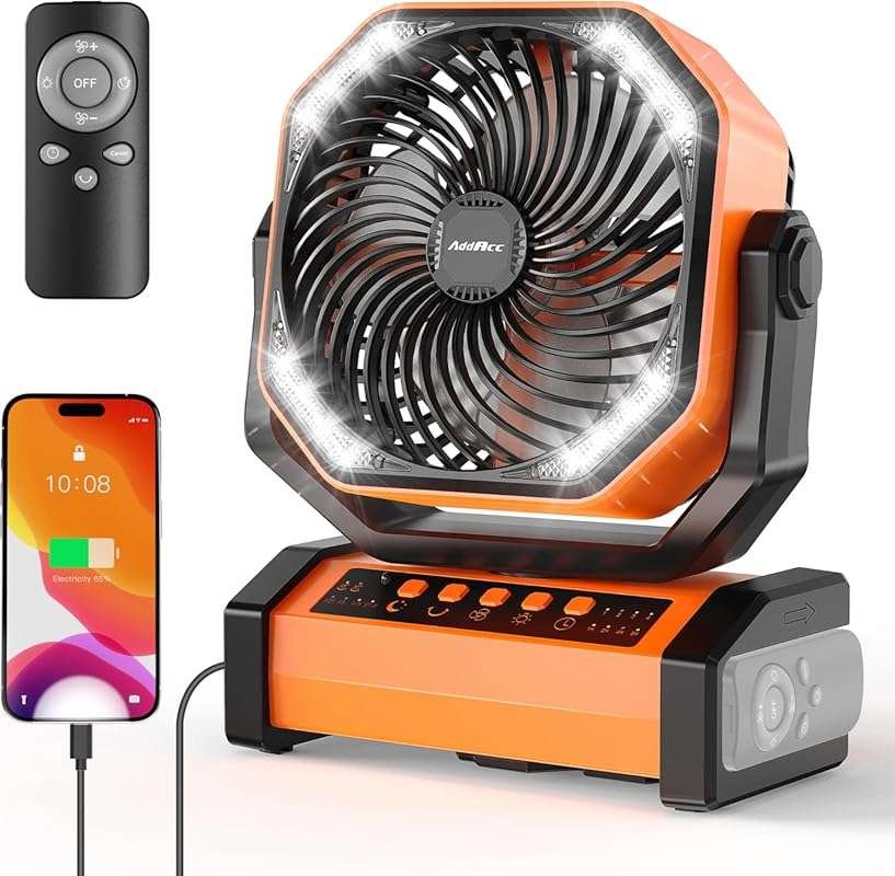 20000mAh Rechargeable Camping Fan with Light & Remote, Auto Oscillatin