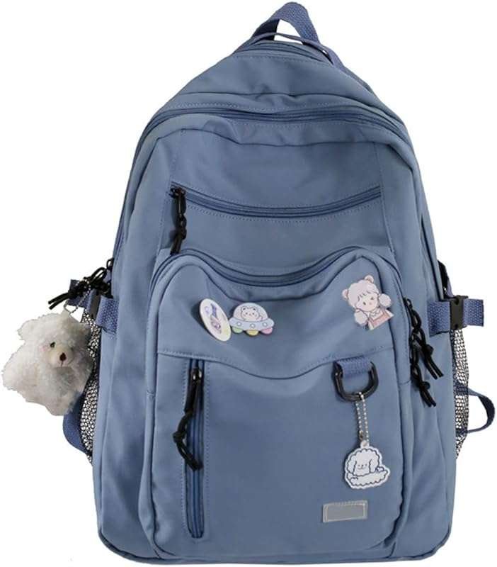 GAXOS Cute Aesthetic Blue Bear Pin Backpack for Middle School Students