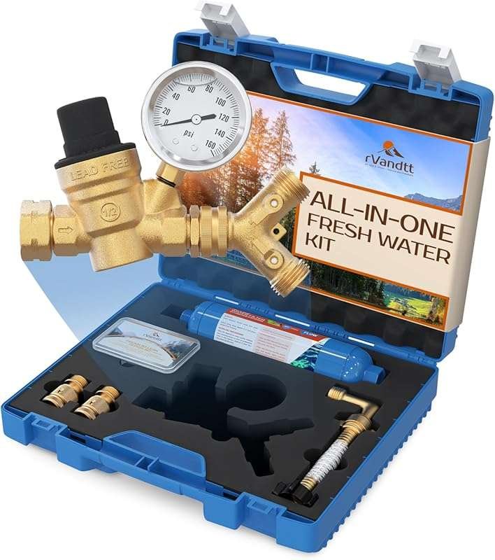 RV Fresh Water Kit: Water Pressure Regulator, Inline Filter, Hose Splitter, Brass Elbow & More