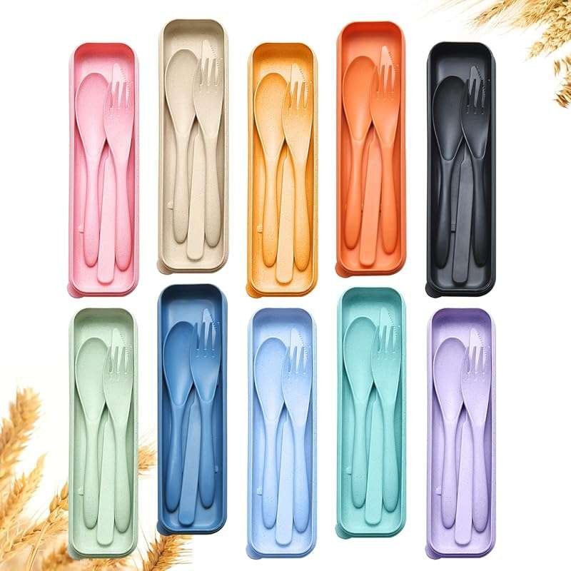 10 Sets Reusable Wheat Straw Portable Utensils with Case - Eco-Friendl