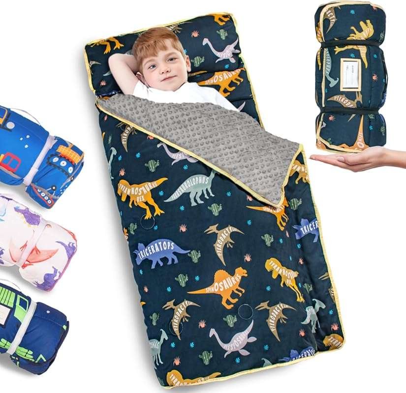 Primlect Dinosaur Toddler Nap Mat with Minky Blanket and Pillow for Ag