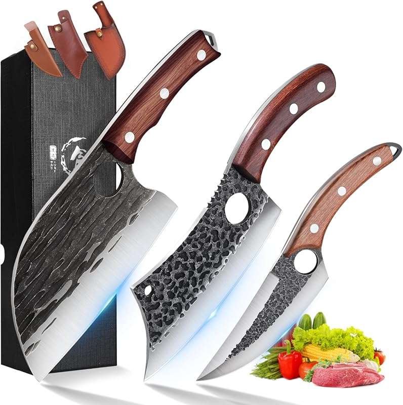 ROCOCO 3PCS Butcher Cleaver Knife Set with Sheaths - Serbian Chef & Vi