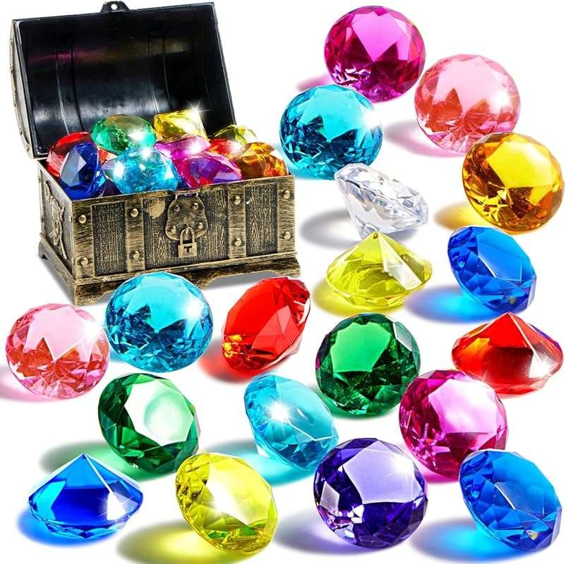Sloosh 16 Big Colorful Diamond Diving Gems with Pirate Treasure Chest 