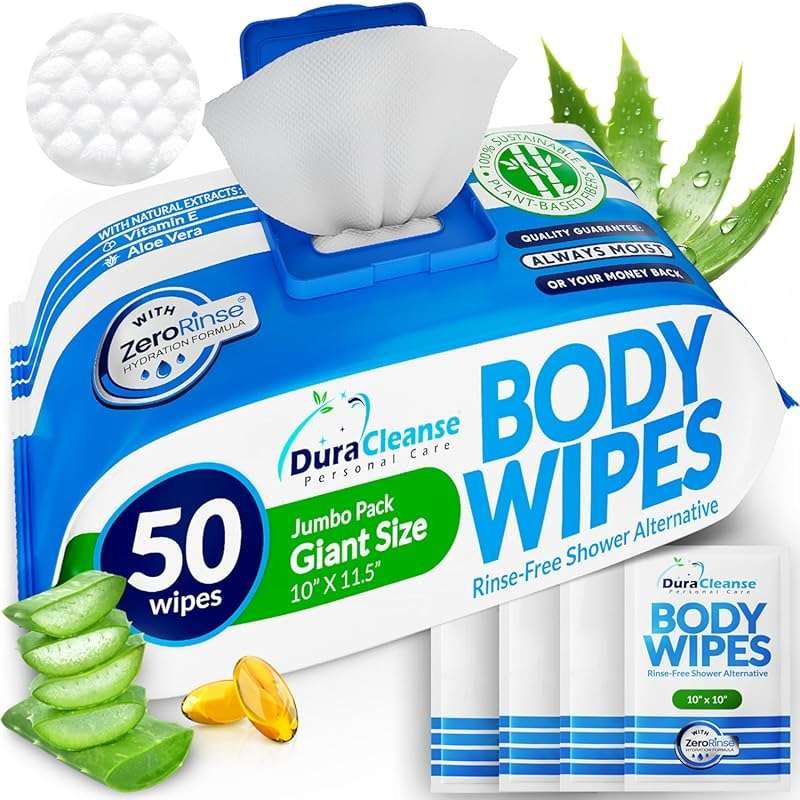 XL Thick No Rinse Body Wipes for Adults: 50ct + 4 Travel Sheets, for E