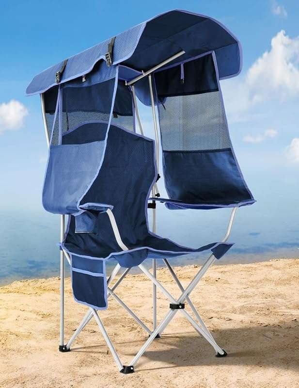 Folding Beach Chair with Canopy Shade, Cup Holder, and Side Pocket for