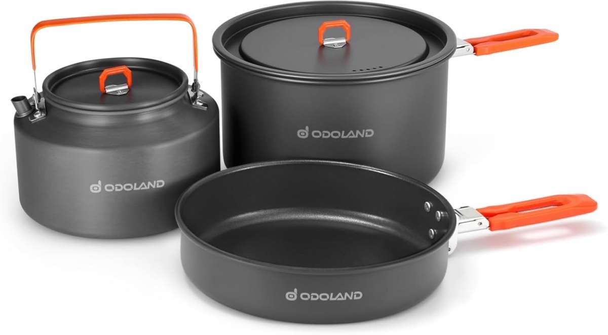 Odoland Portable Camping Cookware Mess Kit with 1.1L Kettle, Pot, and 