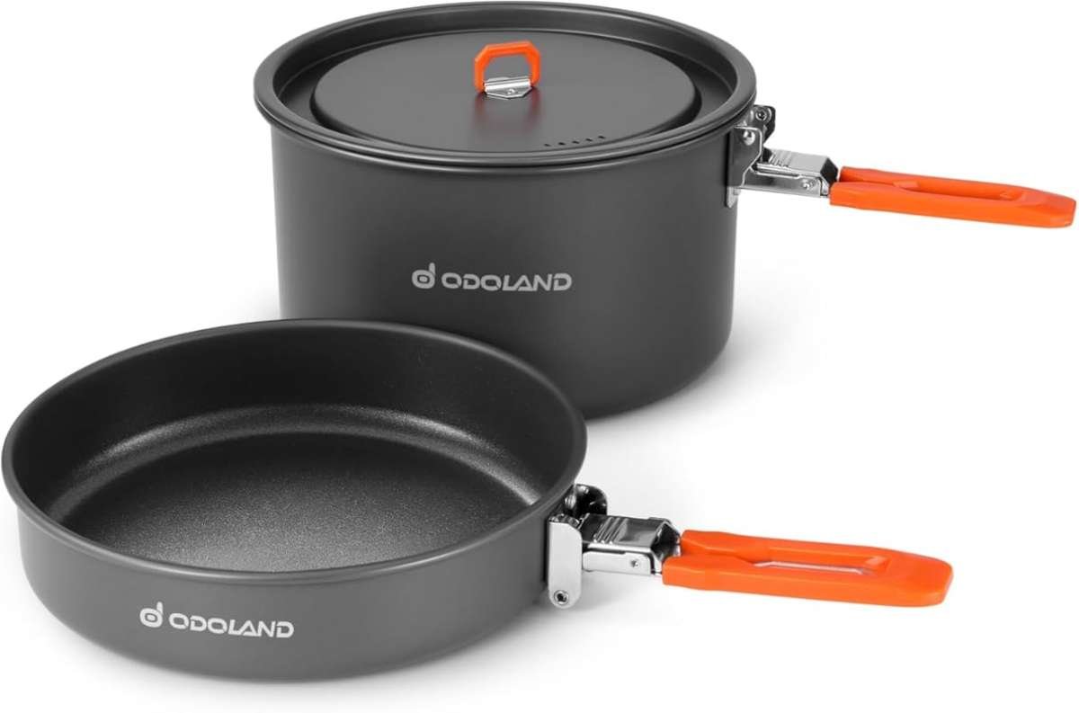 Odoland Camping Mess Kit: Non-Stick Pot, Fry Pan, Mesh Bag for Backpac