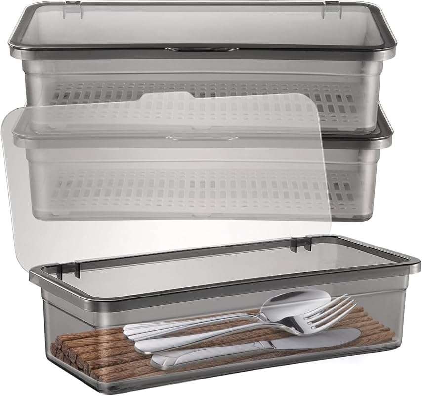 Cabilock 3 Pcs Cutlery Storage Boxes with Lids, Countertop Utensil Tra