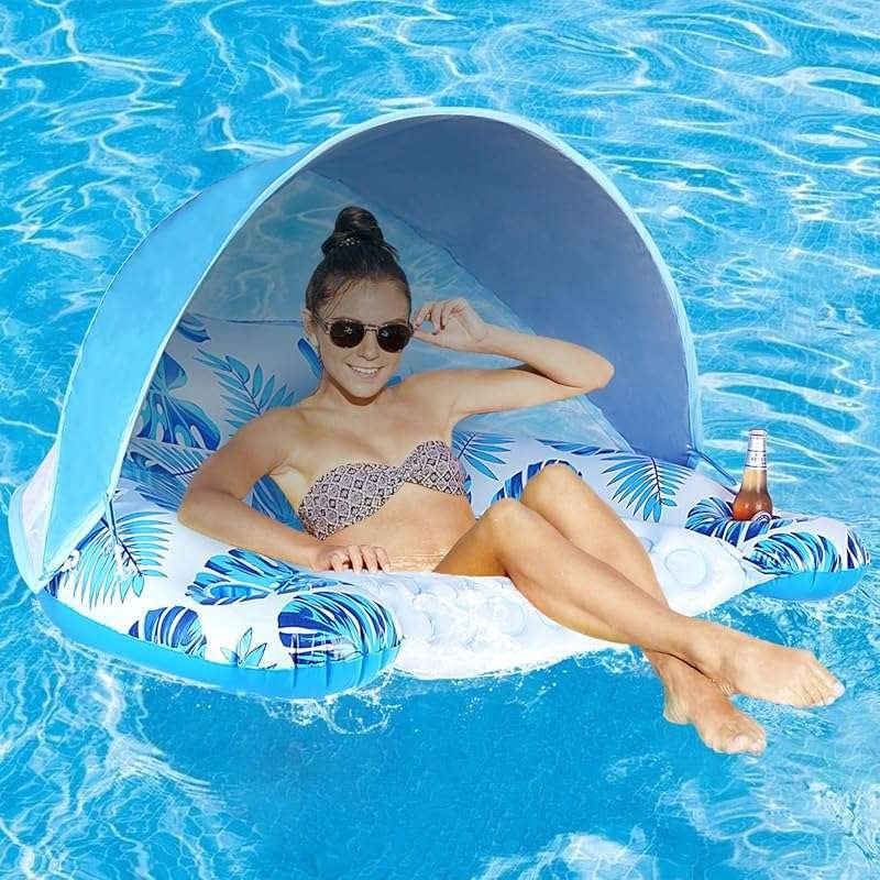 XL Pool Float with Canopy, Cup Holder, & Ergonomic Headrest for Adults