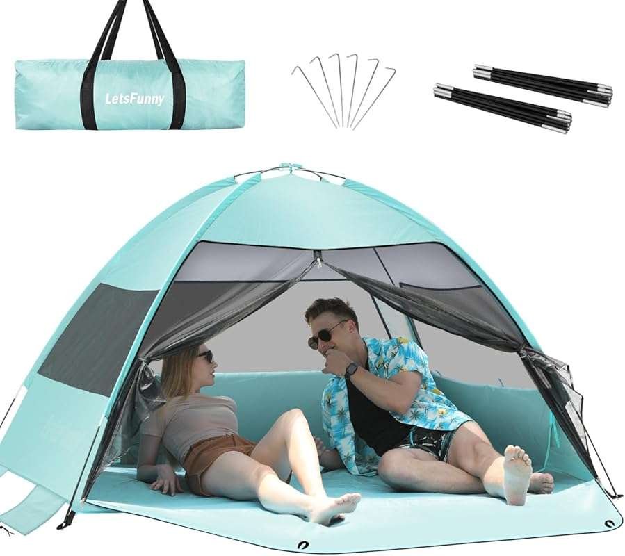 Large Mint Green Easy Setup Beach Tent with Extended Floor, 3 Mesh Win
