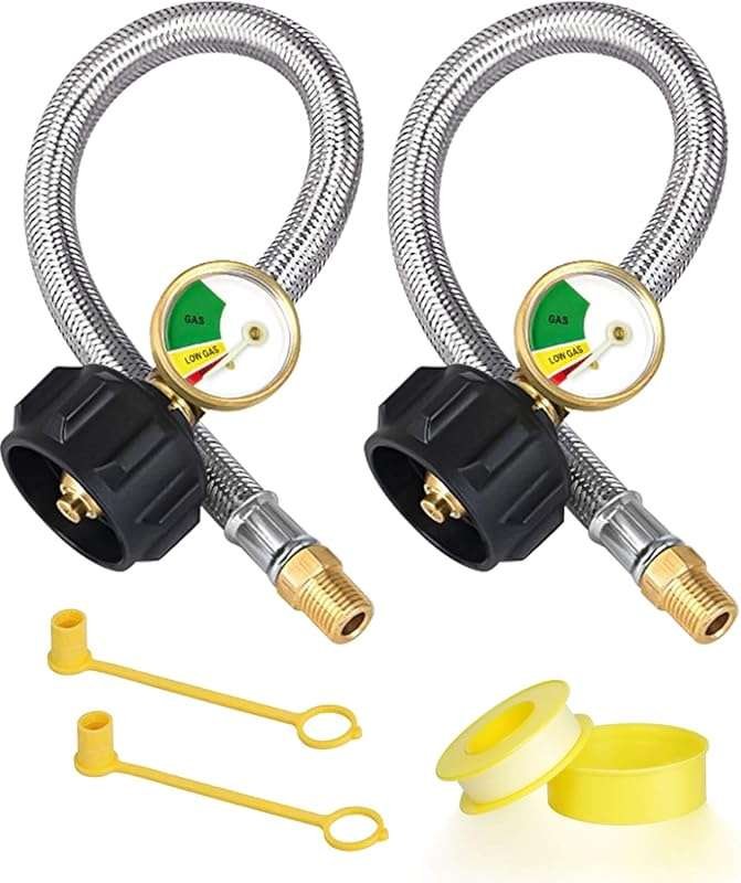 15-Inch RV Propane Hose with Gauge, Stainless Steel Camper Pigtail for