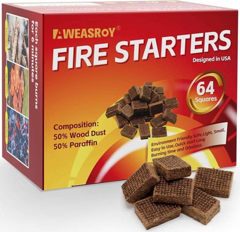 Odorless Fire Starter Squares (64 Count) for Fireplace, Wood Stove, BB