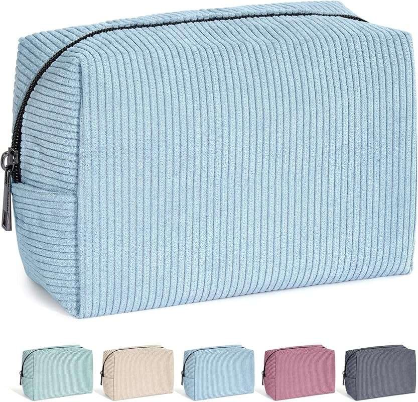 MAANGE Blue Small Corduroy Makeup Bag for Purse with Metal Zipper, Tra