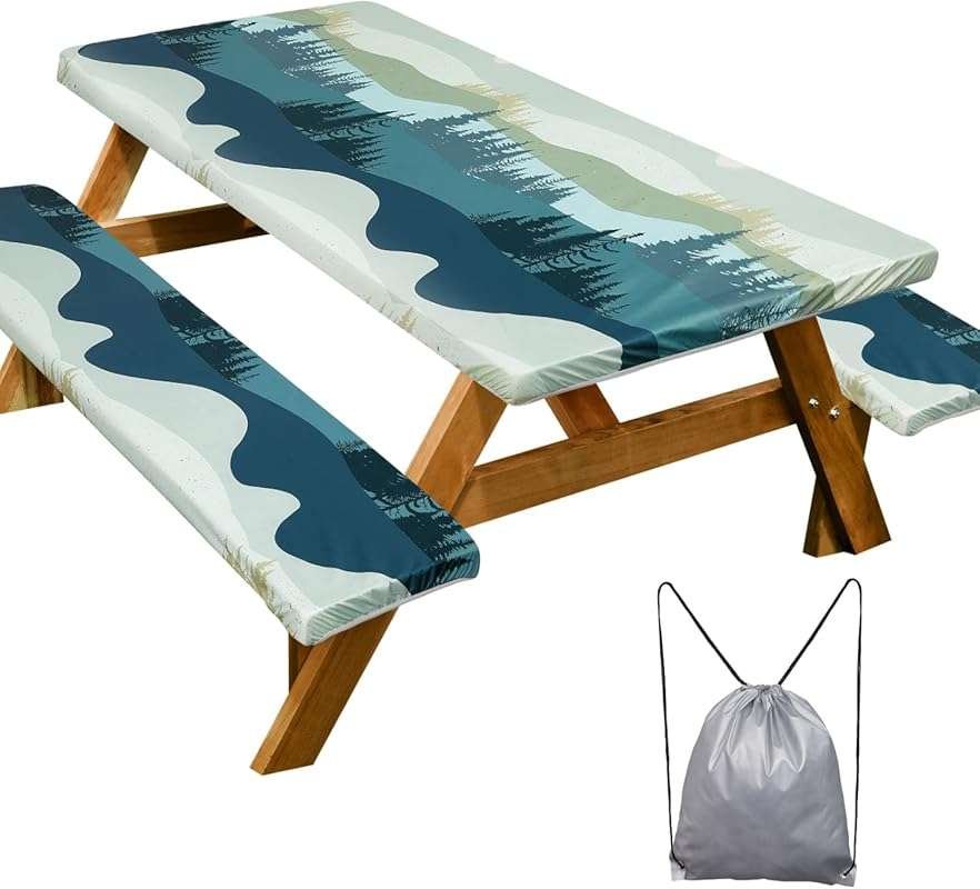 Green Blue Waterproof Windproof Fitted Picnic Table Cover & Bench Cove
