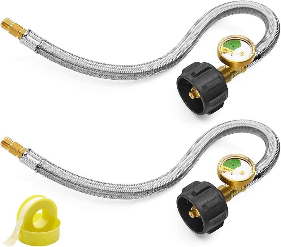 15 Inch RV Propane Hoses with Gauge, Stainless Steel Braided Camper Pi