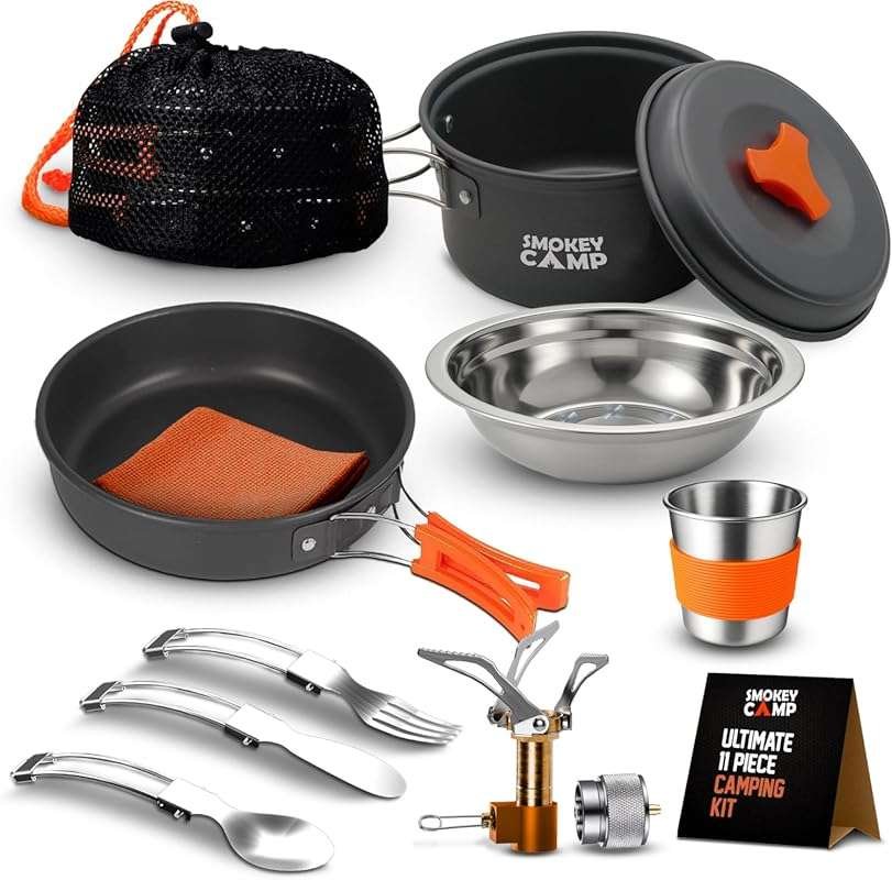 Camping Cookware Mess Kit Set with Non-Stick Pots, Pans & Portable Sto