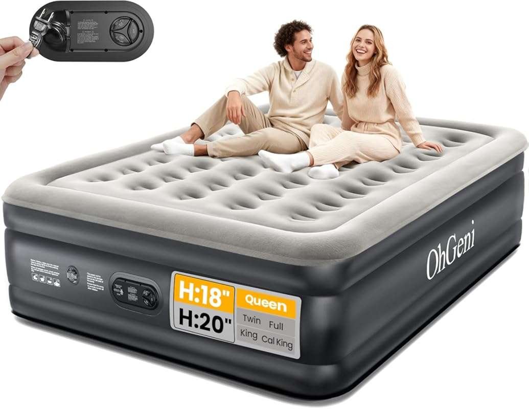 OhGeni Queen Air Mattress with Built-in Pump, Raised Comfort for Home 