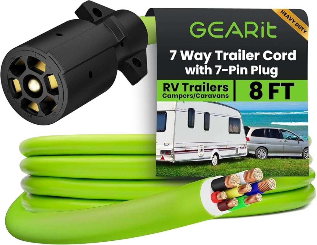 GEARit 8 Foot 7-Way Trailer Cord, Heavy Duty Weatherproof Wiring Harne