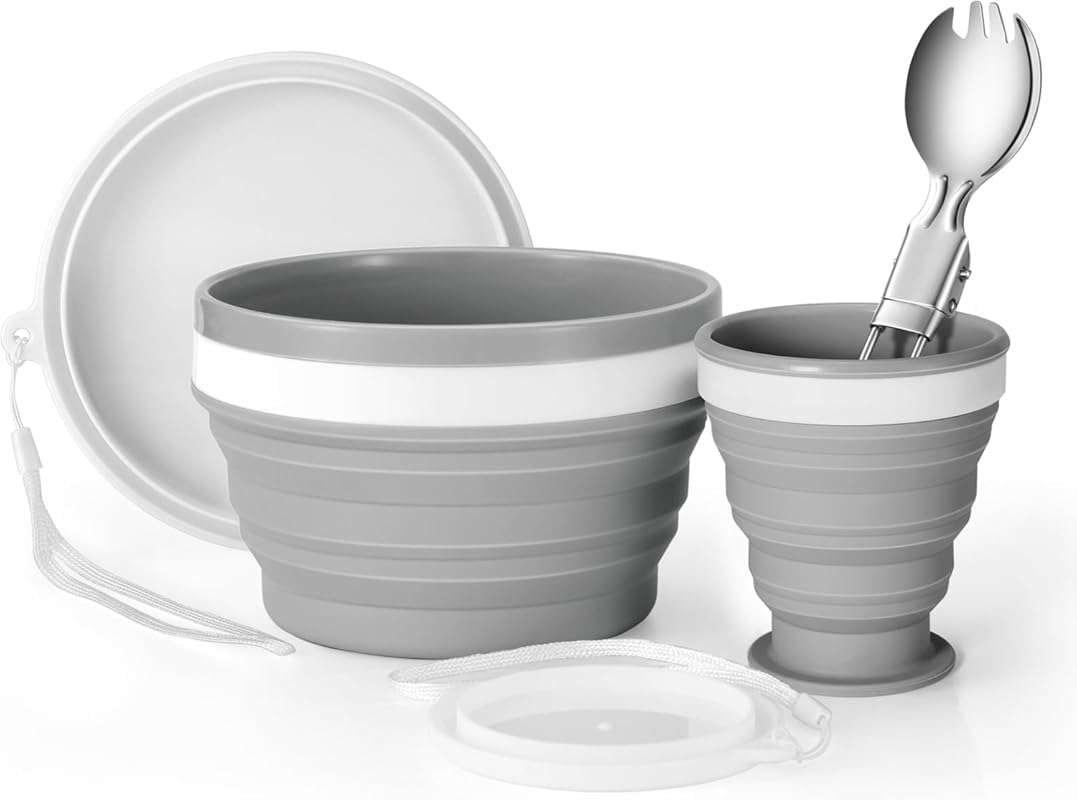 Odoland 1-Person Collapsible Silicone Camping Cup & Bowl Set with Spor