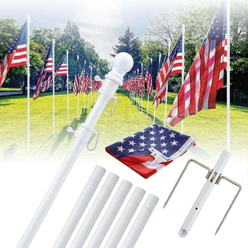 White 8.5FT Heavy Duty Tangle-Free In-Ground Flag Pole Kit, 2-Prong Ba