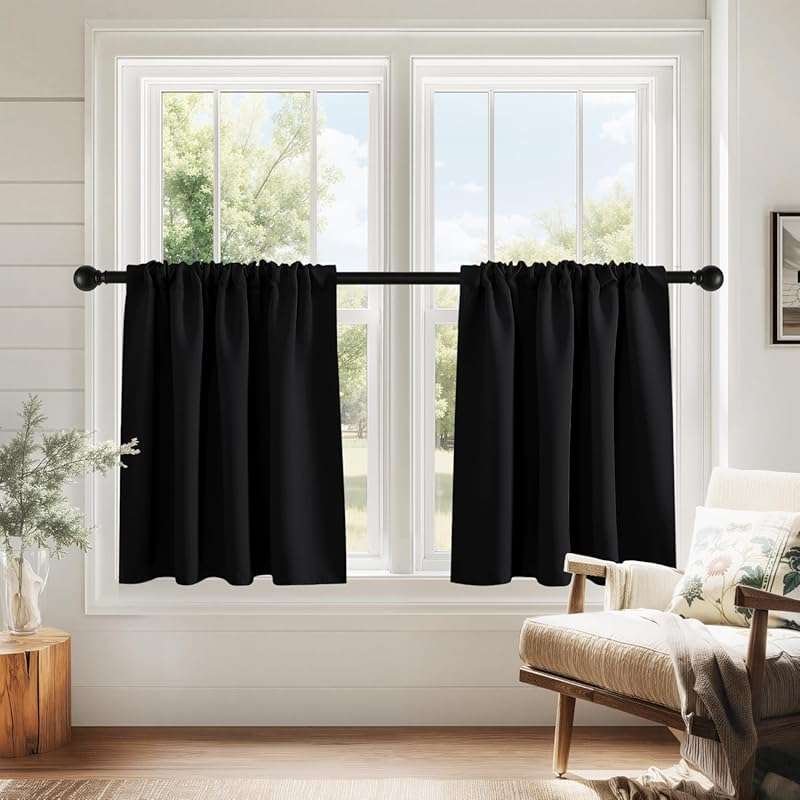 PONY DANCE Black Kitchen Blackout Curtains, 29x24 Inch, Short Half Win