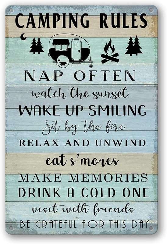 Funny Metal Tin Camping Rules Sign for Camper Doors & RV Wall Art - La