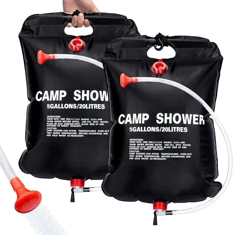 Two Pack Portable Solar Shower Bags, 5 Gal/20L, Removable Hose, On-Off
