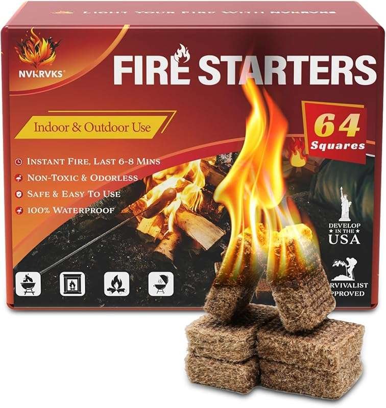 64 Natural Waterproof Fire Starter Squares for Wood Stoves, Campfires,