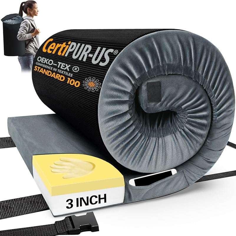CYMULA CertiPUR-US Memory Foam Camping Mattress Pad - Portable Roll Up
