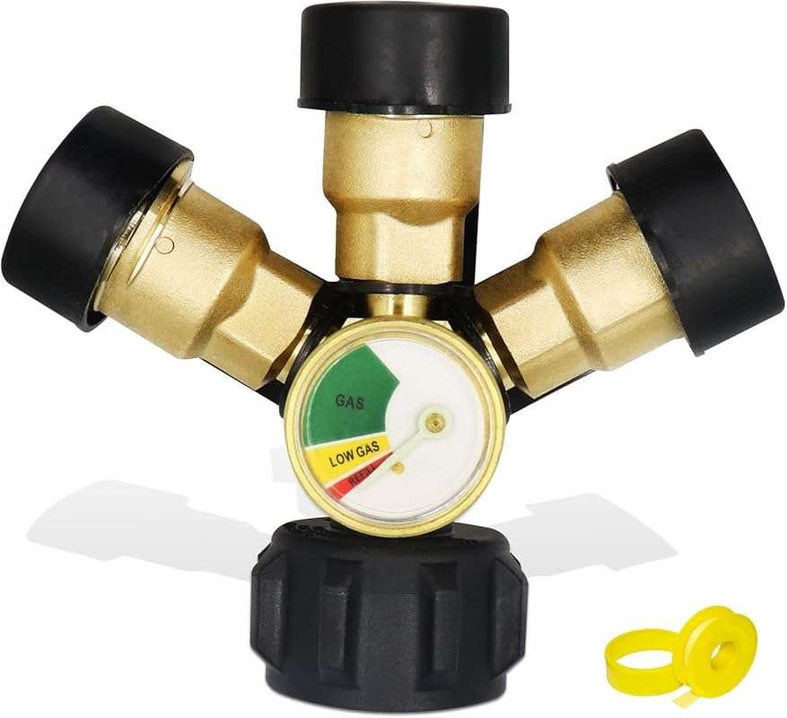 3-Way Propane Splitter with Gauge and Shut-Off Valve for RV, BBQ Grill