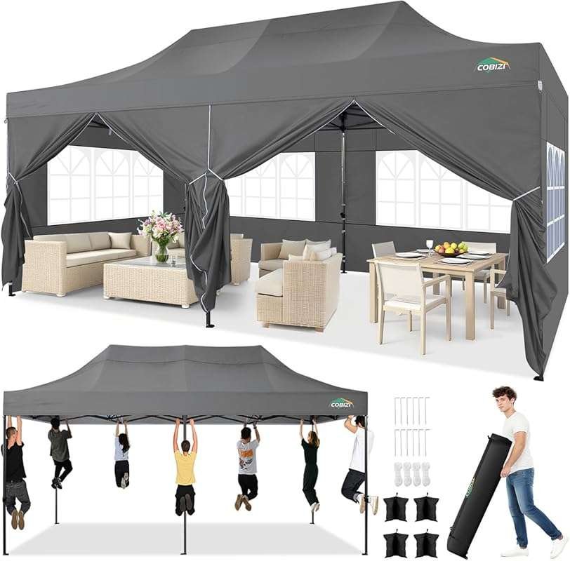 COBIZI 10x20 Heavy Duty Pop Up Canopy Tent with 6 Sidewalls, Easy Set-