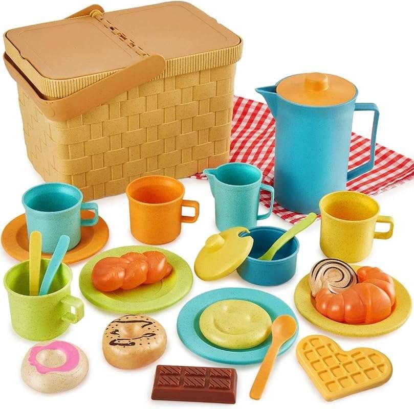 HERSITY Picnic Basket Toys: Toddler Tea Set with Teapot, Cups, Dessert