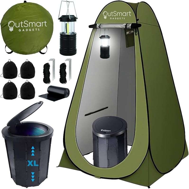 Outdoor Portable Toilet Set with XL Folding Toilet, Privacy Tent, and 
