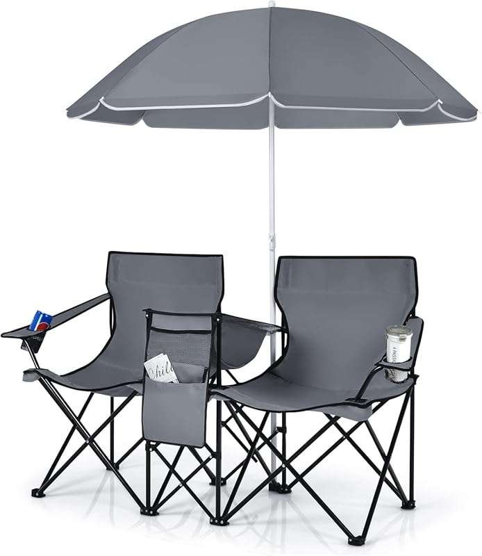 COSTWAY Double Portable Picnic Chairs with Detachable Umbrella and Coo