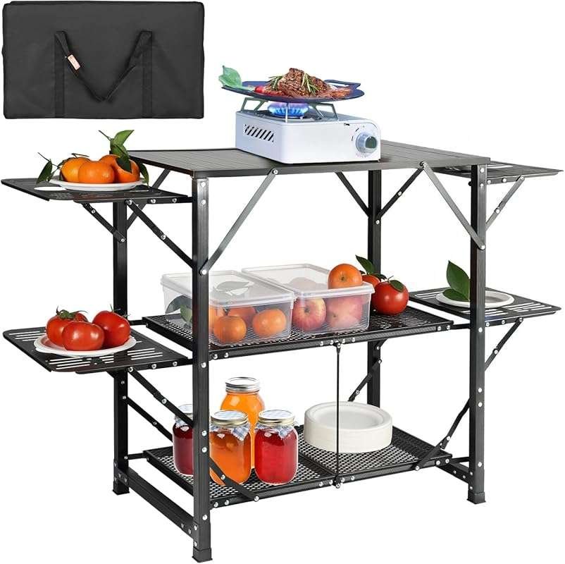 VEVOR Aluminum Folding Portable Outdoor Camping Kitchen Table with She