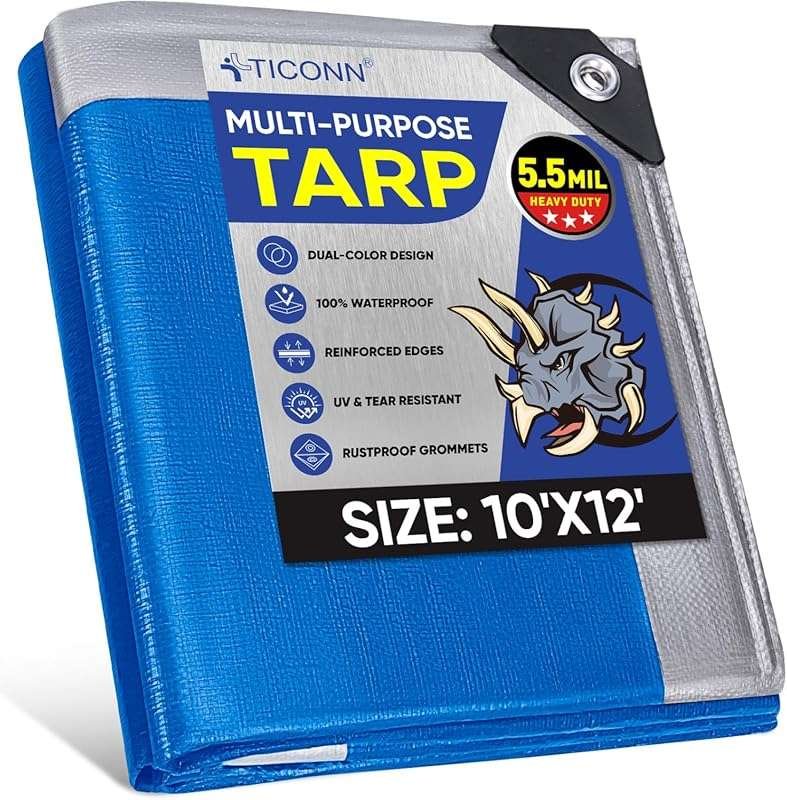 TICONN 10'x12' Heavy Duty Waterproof Tarp Cover with Reinforced Gromme